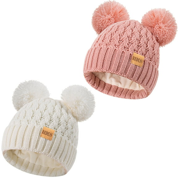 REDESS 2 Pcs Toddler Winter Pom Pom Beanie Hat For 0-3 Years Old Kid-White+Rose Pink