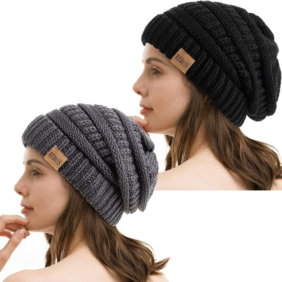 REDESS 2Pcs Slouchy Black and Gray Beanie Hat for Women Winter Warm Knit Cap
