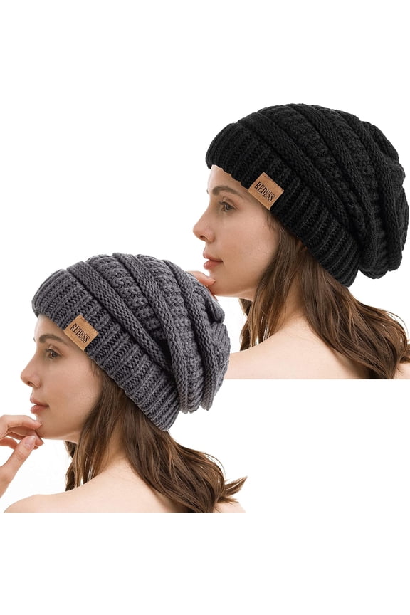 2Pcs Slouchy Black and Gray Beanie Hat for Women Winter Warm Knit Cap