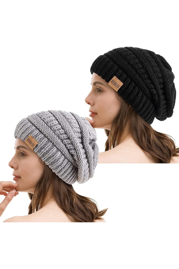 2Pcs Slouchy Black and Gray Beanie Hat for Women Winter Warm Knit Cap