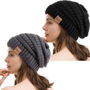 REDESS 2Pcs Slouchy Black and Gray Beanie Hat for Women Winter Warm Knit Cap 2 Pack