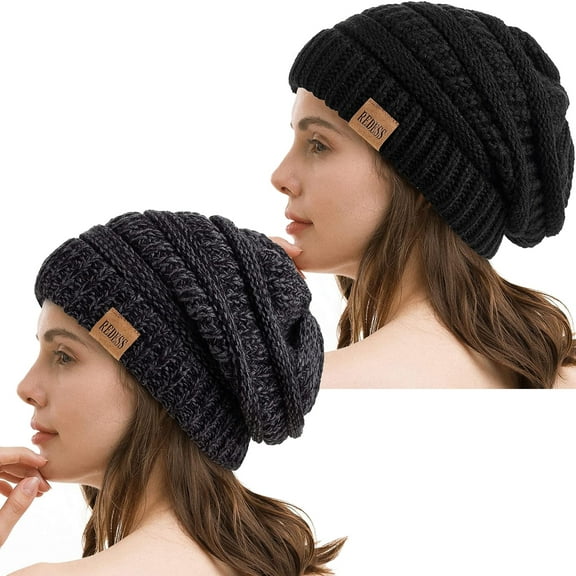 REDESS 2Pcs Slouchy Black and Grey Beanie Hat for Women Winter Warm Knit Cap