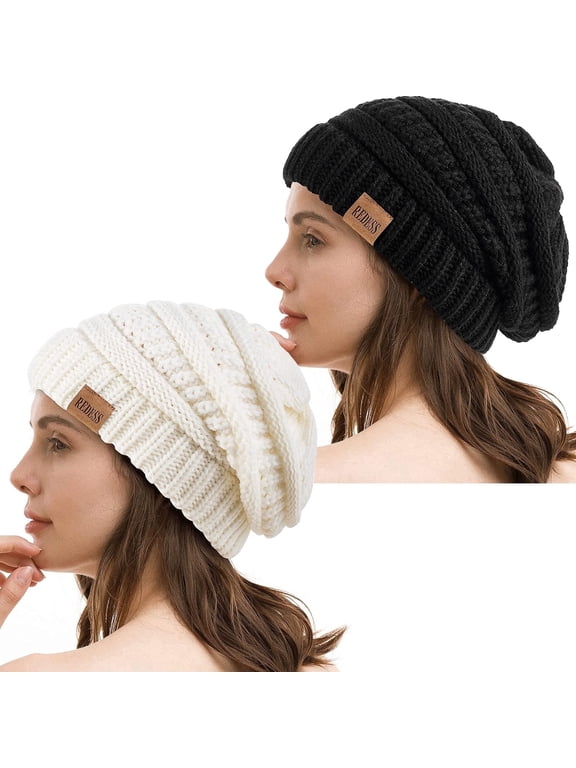 2Pcs Slouchy Black and White Beanie Hat for Women Winter Warm Knit Cap