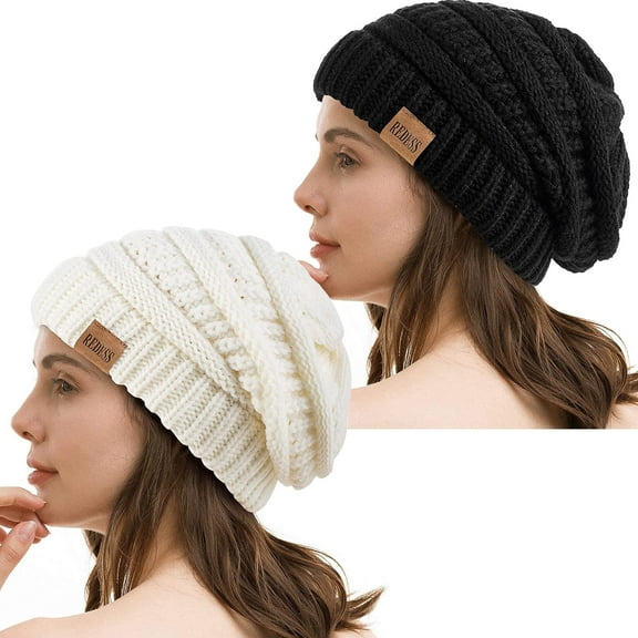 REDESS 2Pcs Slouchy Black and White Beanie Hat for Women Winter Warm Knit Cap