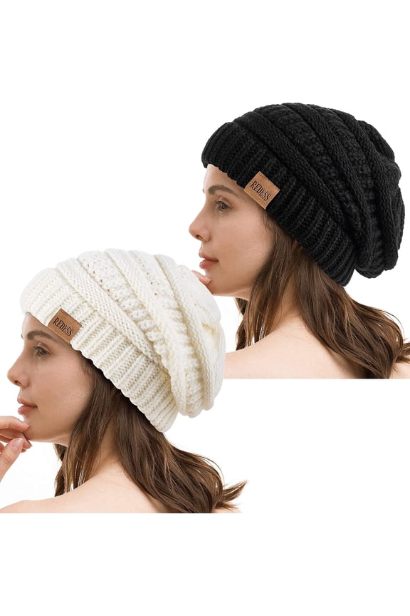 2Pcs Slouchy Black and White Beanie Hat for Women Winter Warm Knit Cap