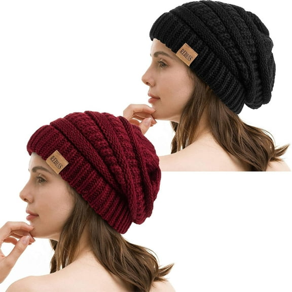 REDESS 2Pcs Slouchy Black and Wine Beanie Hat for Women Winter Warm Knit Cap