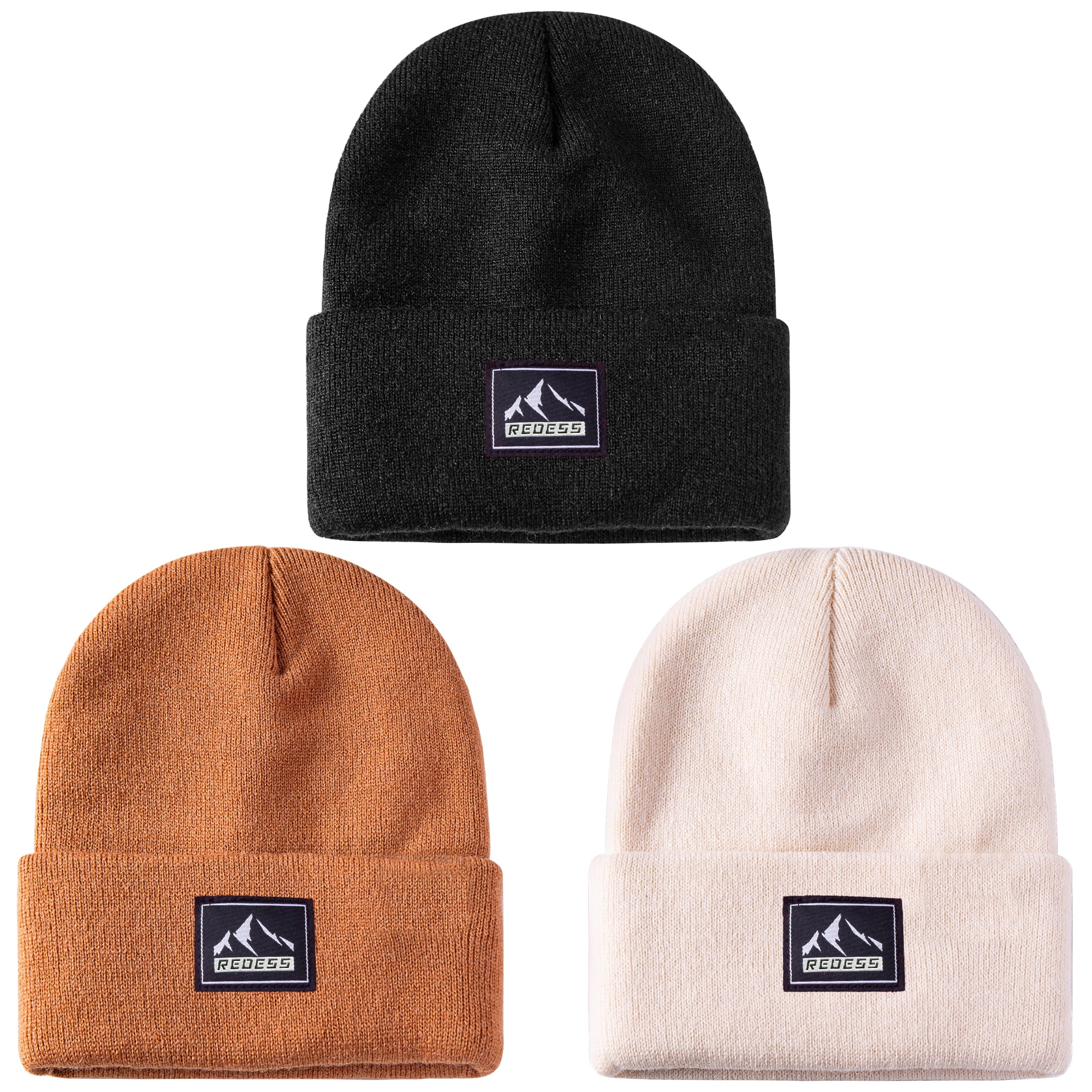 REDESS 3 Pcs Toddler Knit Cuffed Beanie Hat for Boy and Girl 0-3 Year Old-Black+Caramel+Beige