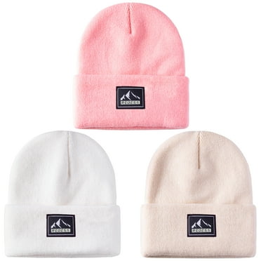 REDESS 3 Pcs Toddler Knit Cuffed Beanie Hat for Boy and Girl 0-3 Year Old-Beige Pink White