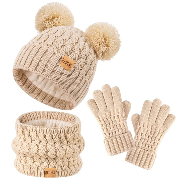 REDESS 3 Pcs Unisex Kids Winter Beanie Hat and Scarf & Glove Set for Boy and Girl 3-9 Years Old-Beige