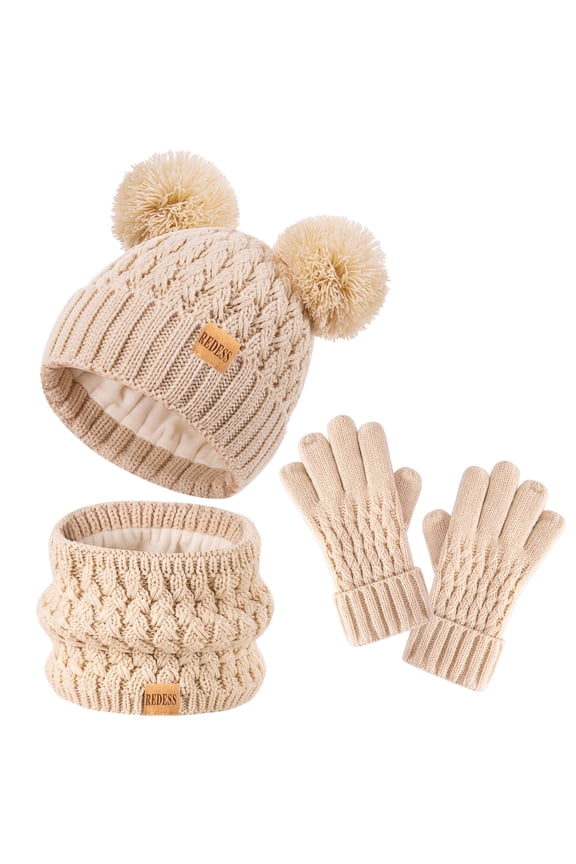 3 Pcs Unisex Kids Winter Beanie Hat and Scarf & Glove Set for Boy and Girl 3-9 Years Old-Beige