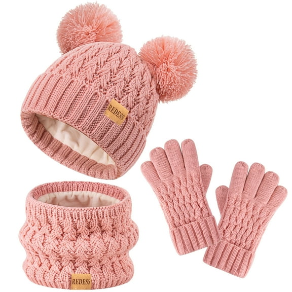 REDESS 3 Pcs Unisex Kids Winter Beanie Hat and Scarf & Glove Set for Boy and Girl 3-9 Years Old-Pink