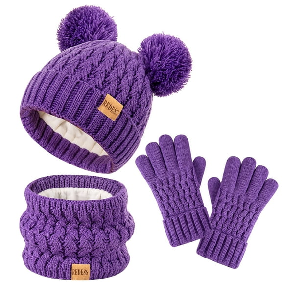 REDESS 3 Pcs Unisex Kids Winter Beanie Hat and Scarf & Glove Set for Boy and Girl 3-9 Years Old-Purple