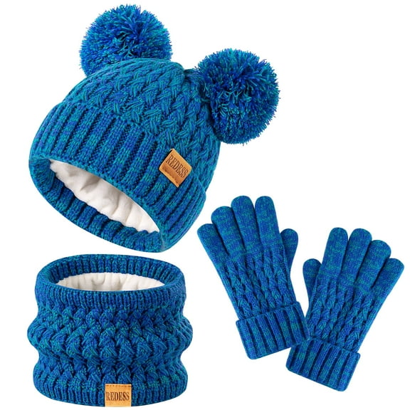 REDESS 3 Pcs Unisex Kids Winter Beanie Hat and Scarf & Glove Set for Boy and Girl 3-9 Years Old