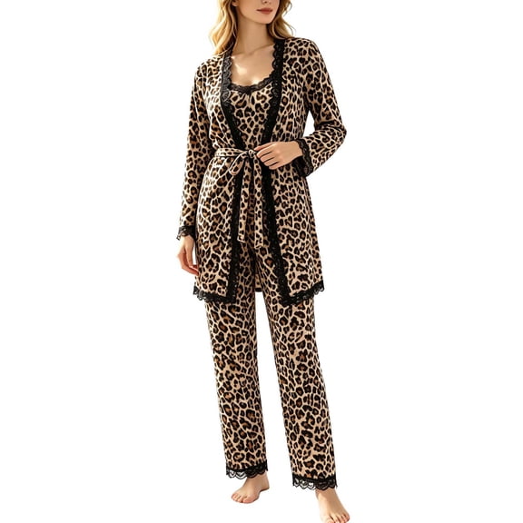 REDESS Womens Pajama Sets, Lace Trim Cami Top, Belted Robe & Long Pants Loungewear 3 Piece Velvet Pajama Sets for Women