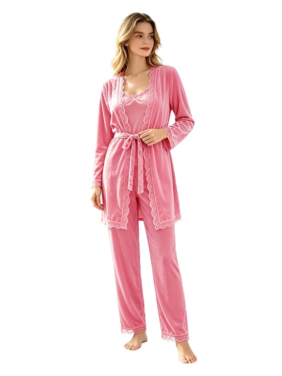 Womens Pajama Sets, Lace Trim Cami Top, Belted Robe & Long Pants Loungewear 3 Piece Velvet Pajama Sets for Women