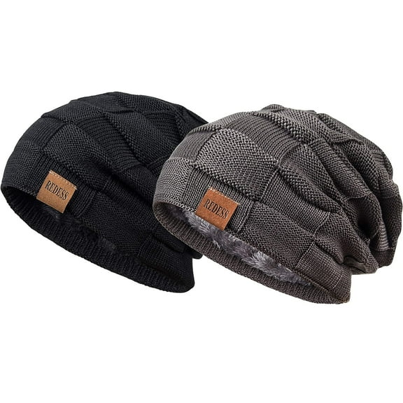 REDESS Beanie Hat for Men and Women Winter Warm Hats Knit Slouchy Thick Skull Cap-Black Dark Gray