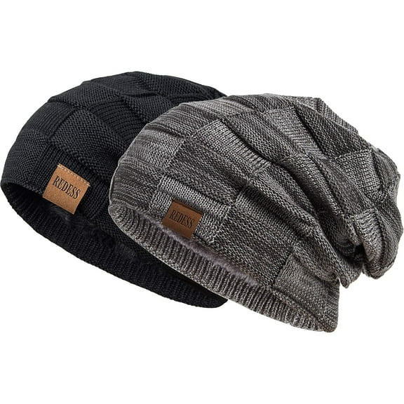 REDESS Beanie Hat for Men and Women Winter Warm Hats Knit Slouchy Thick Skull Cap-Black+Gray