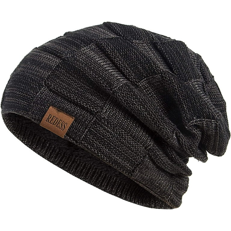 Black Men's Beanie Hat Winter Warm Thick Thermal Knit 2 in 1 Adjustable Ski  Cap