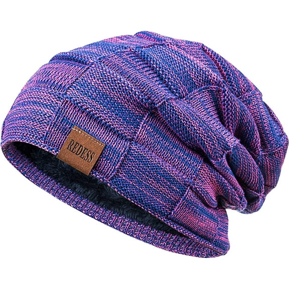 REDESS Beanie Hat for Men and Women Winter Warm Hats Knit Slouchy Thick Skull Cap-Blue&Rose