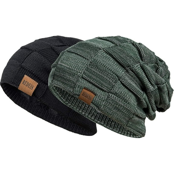 REDESS Beanie Hat for Men and Women Winter Warm Hats Knit Slouchy Thick Skull Cap-Pure Black Green