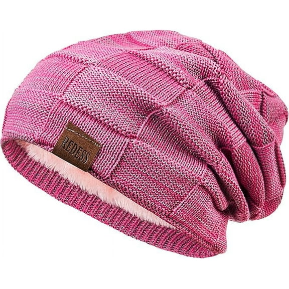 REDESS Beanie Hat for Men and Women Winter Warm Hats Knit Slouchy Thick Skull Cap-Rose Red