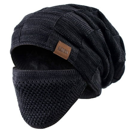 REDESS Beanie Hat for Men and Women Winter Warm Hats Knit Slouchy Thick Skull Cap with Face Cover-Black