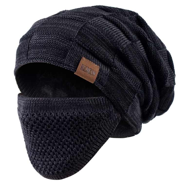 2 Pcs Unisex Winter Beanie Hat Knit Slouchy Thick Skull Cap, Black & Gray REDESS Unisex Winter Beanie Hat - Knit Slouchy Skull Cap in  main image 4