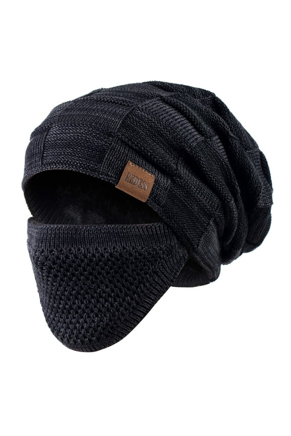 Beanie Hat for Men and Women Winter Warm Hats Knit Slouchy Thick Skull Cap with Face Cover-Black