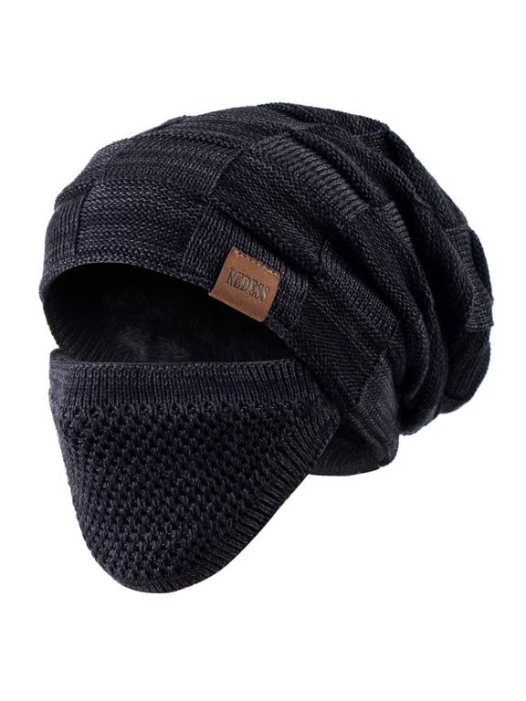 Beanie Hat for Men and Women Winter Warm Hats Knit Slouchy Thick Skull Cap with Face Cover-Black