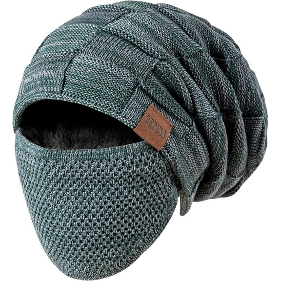 REDESS Beanie Hat for Men and Women Winter Warm Hats Knit Slouchy Thick Skull Cap with Face Cover-Green