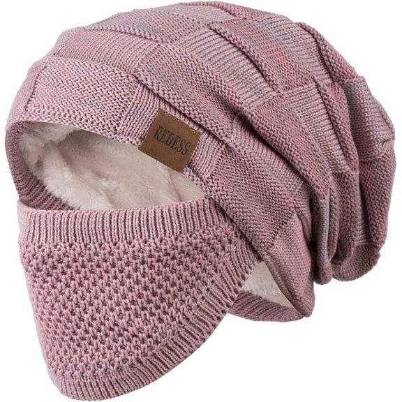 REDESS Beanie Hat for Men and Women Winter Warm Hats Knit Slouchy Thick Skull Cap with Face Cover-Pink