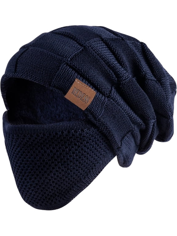 Beanie Hat for Men and Women Winter Warm Hats Knit Slouchy Thick Skull Cap with Face Cover-Sea Blue