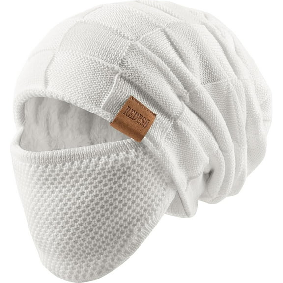 REDESS Beanie Hat for Men and Women Winter Warm Hats Knit Slouchy Thick Skull Cap with Face Cover-White