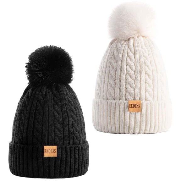 REDESS Womens Winter Hat, Fleece Lined Cable Knit Beanie Hat for Women 2 Pack