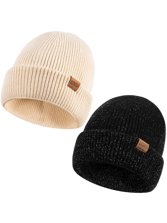 Beanie Hats for Women and Men Knit Soft Winter Warm Cuffed Hat, Black 2 pack
