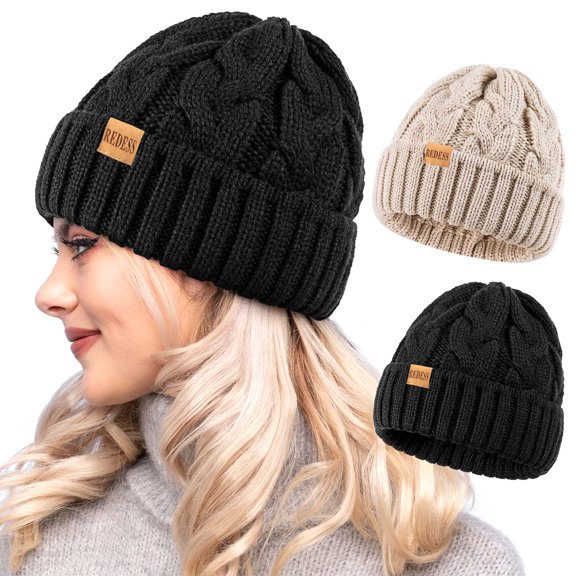 REDESS Beanie for Womens Winter Warm Cable Knit Soft Cap Comfortable Cuffed Stretchy Hat 2 Pack