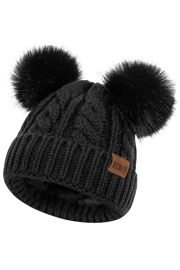 Kids Winte Beanie Hat with Two Pom-Pom for Girls 3-9 Year Old,Black