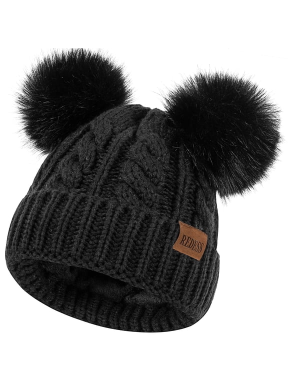 Kids Winte Beanie Hat with Two Pom-Pom for Girls 3-9 Year Old,Black