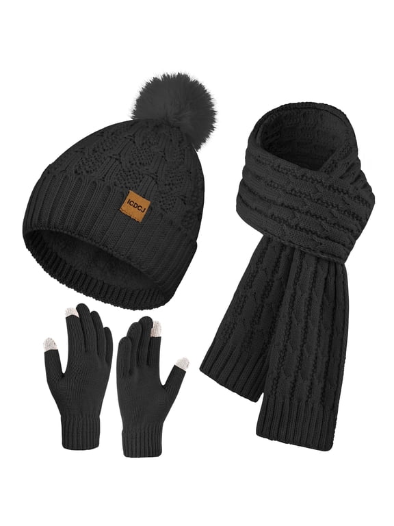Hat,Scarf and Gloves Sets for Women's Winter Beanie Hat Touch Screen Gloves Long Scarf Set,Black