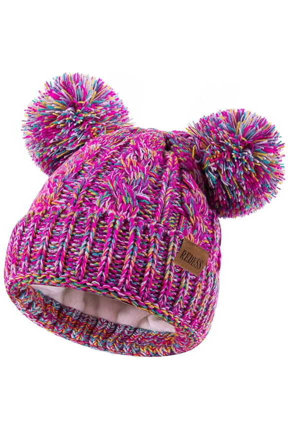 Kids Winter Beanie Hat with Two Pom-Pom for Girls 3-9 Year Old,Multicolor