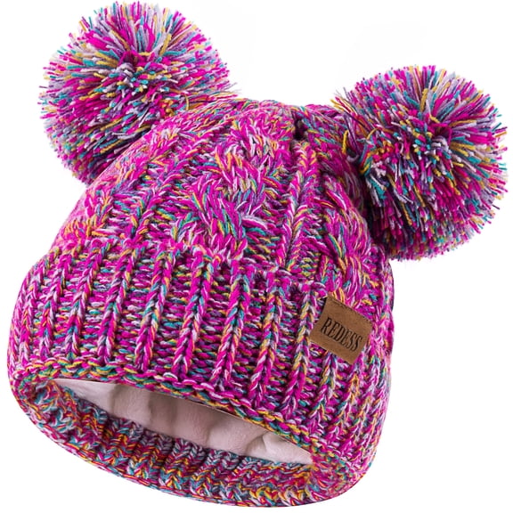 REDESS Kids Winter Beanie Hat with Two Pom-Pom for Girls 3-9 Year Old,Multicolor