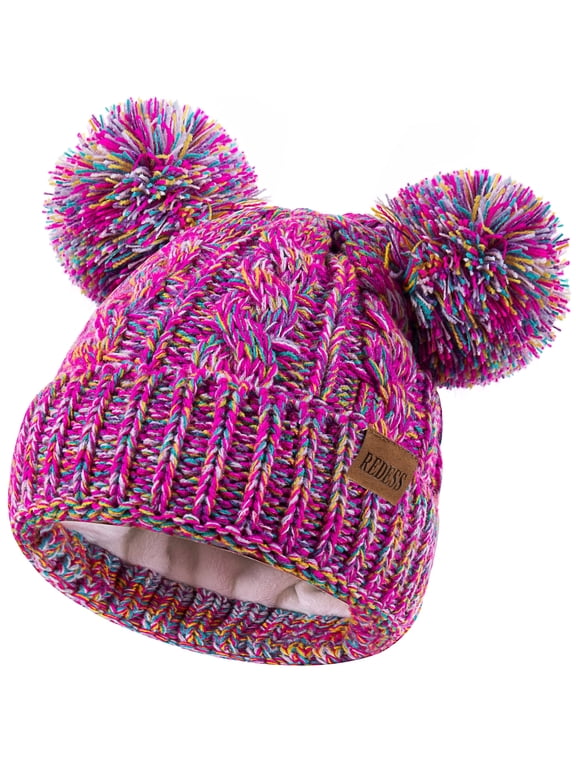 Kids Winter Beanie Hat with Two Pom-Pom for Girls 3-9 Year Old,Multicolor