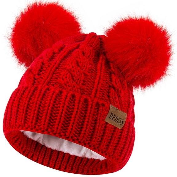 REDESS Kids Winter Beanie Hat with Two Pom-Pom for Girls 3-9 Year Old,Red