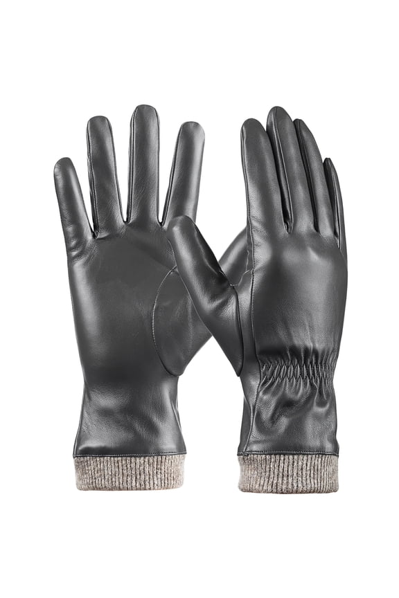 PU Leather Black Gloves for Women, Soft Winter Thermal Snow Driving Gloves Touchscreen