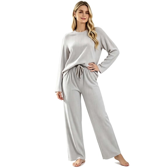 REDESS Lounge Sets for Women, 2‑Piece Crew Neck Long‑Sleeve Top & Drawstring Wide Leg Pants, Casual Matching Sleepwear Loungewear for Ladies