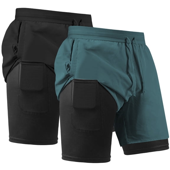 REDESS Men's Shorts with compression liner Athletic Running Workout Gym Activewear Basketball Shorts for Men,Green,2 Pcs