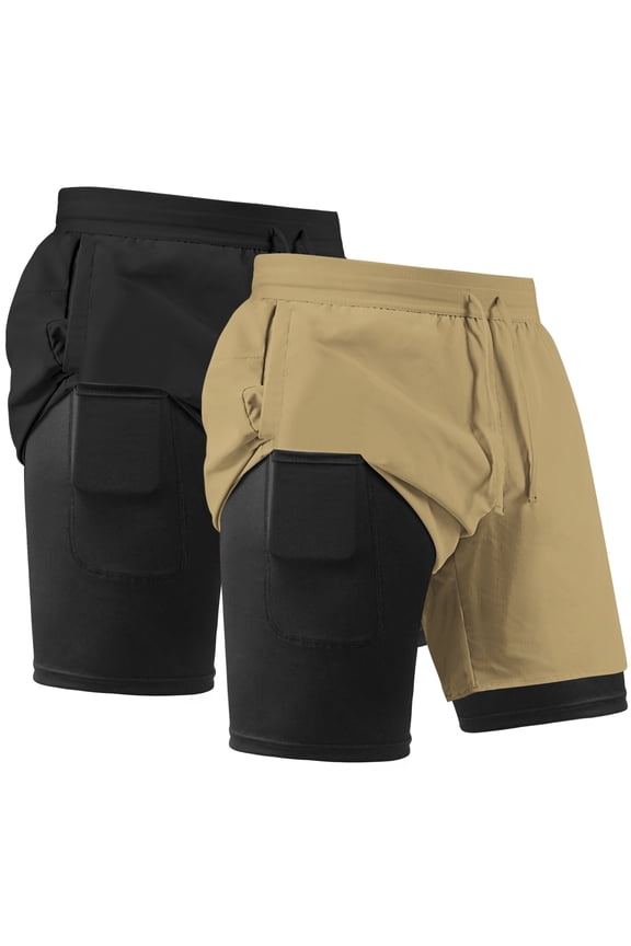 Men's Shorts with compression liner Athletic Running Workout Gym Activewear Basketball Shorts for Men,Khaki,2 Pcs