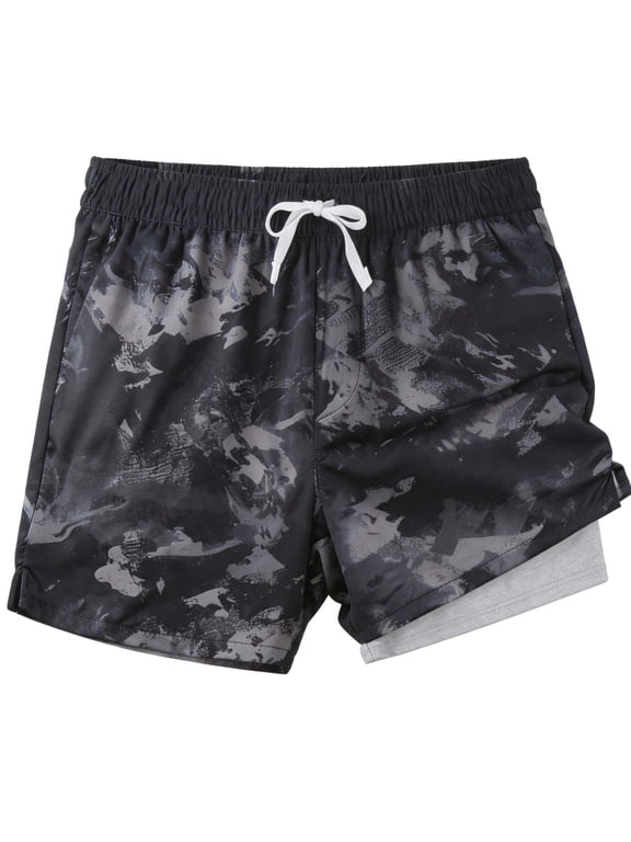 Mens Swim Trunks with Liner, Mens Athletic Running Workout Shorts 6" Inseam, Sizes S-2XL