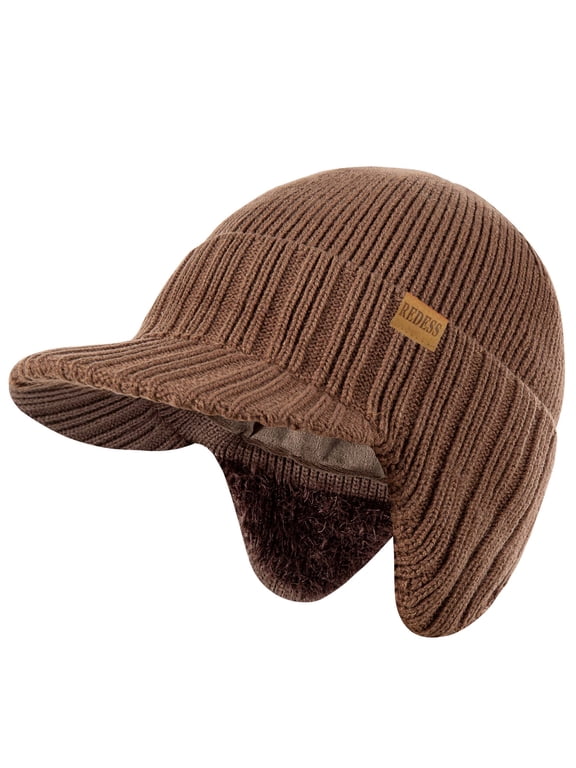 Men's Fleece Lined Knit Winter Beanie Hat with Visor and Earflaps, Black