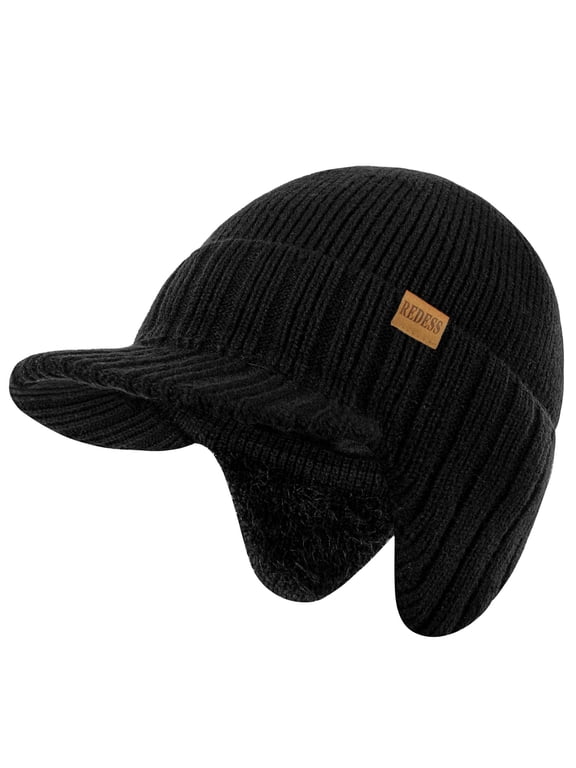 Men's Fleece Lined Knit Winter Beanie Hat with Visor and Earflaps, Black